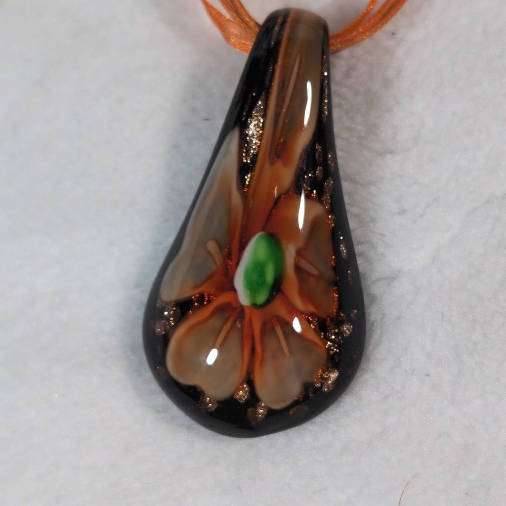 Calla Lily Blown Glass Flower Teardrop Pendant Necklace Floral Lampwork Orange